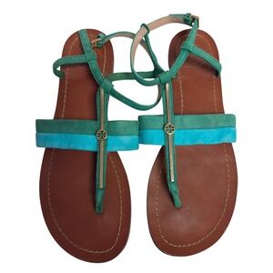Tory Burch BAR LOGO FLAT SANDAL BERMUDA TEAL/EMERALD STONE Women Size 7 RARE